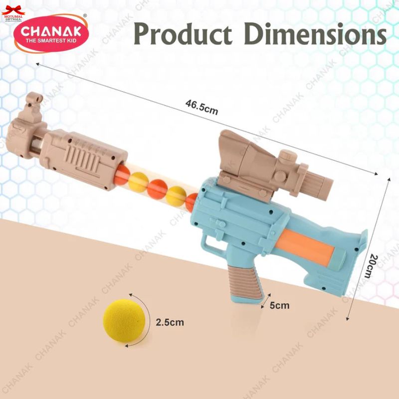 Toy gun with dimensions labeled on a beige background