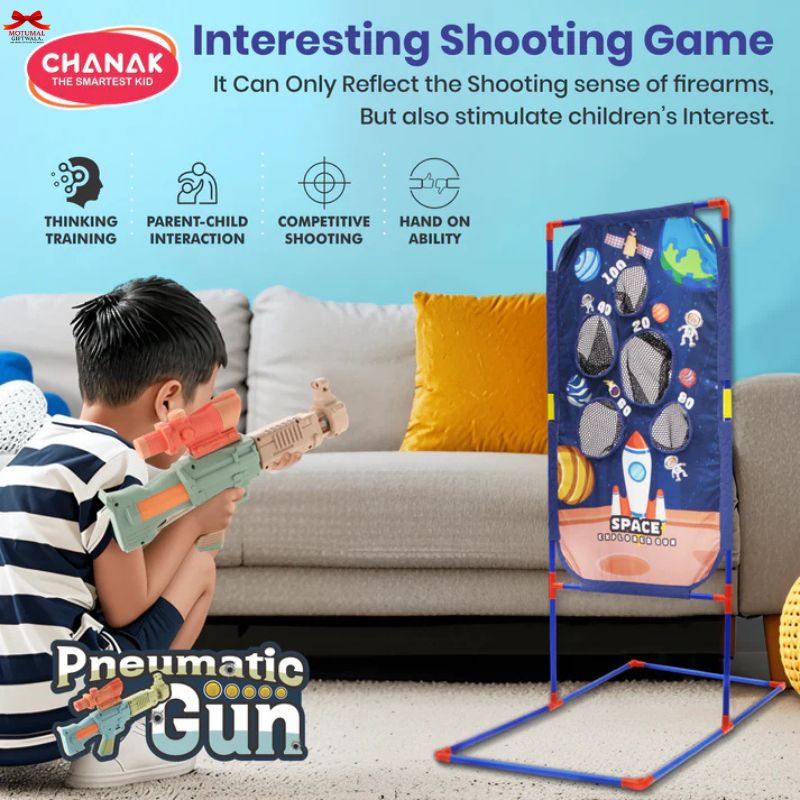 Child playing with a pneumatic gun and target in a living room setting, with Chanak branding.