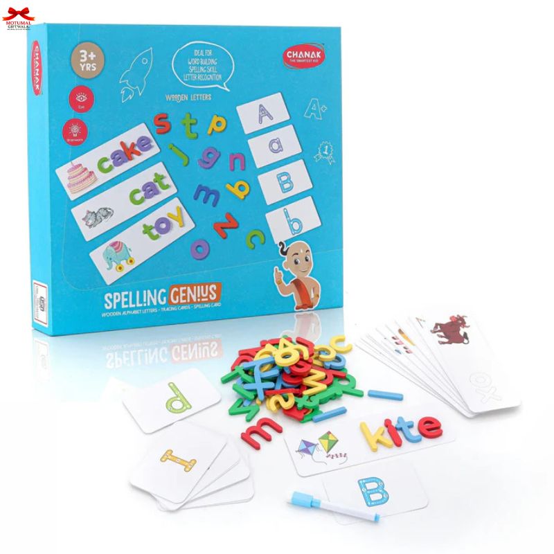 Spelling Genius educational toy set with magnetic letters and cards on a white background