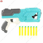 Toy blaster with blue casing and gray accents, accompanied by yellow darts on a white background.