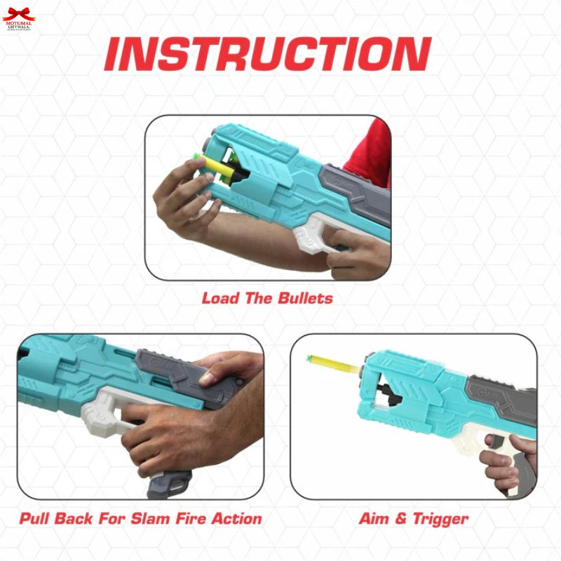 Instructions for using a toy gun with text on how to load bullets, pull back, and trigger.