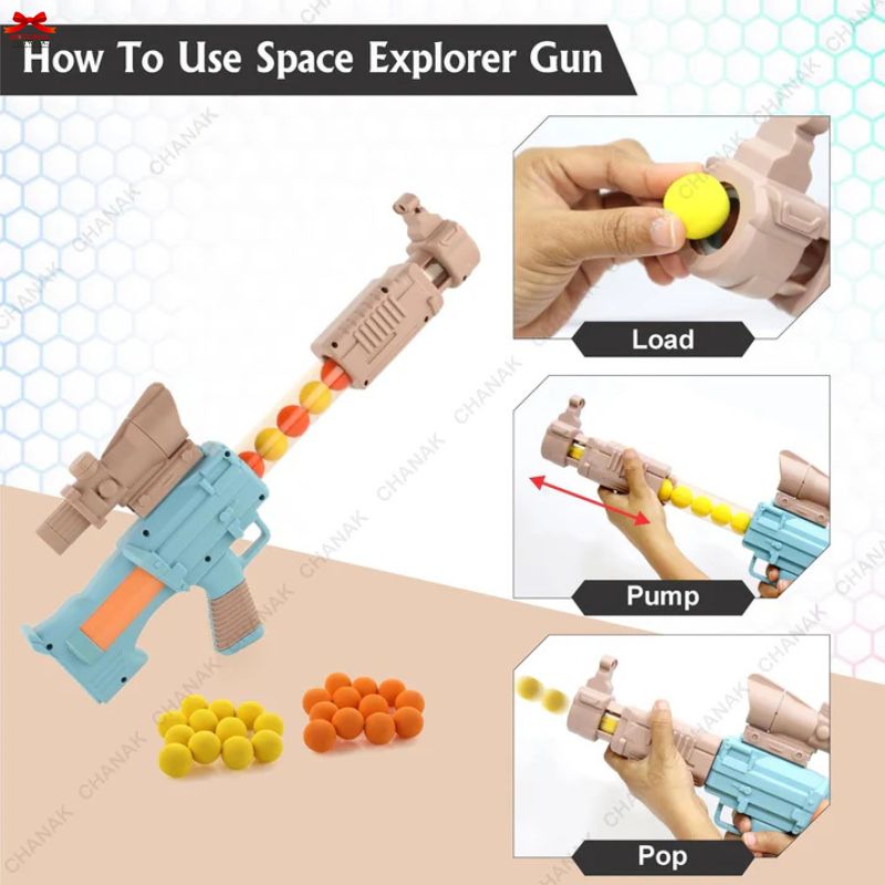Instructions on how to use a space explorer gun with illustrations and text.