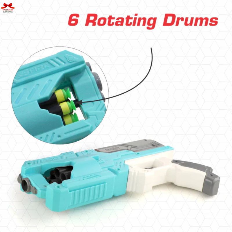 Turquoise tool with six rotating drums on a white background
