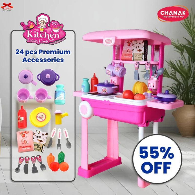 Pink toy kitchen set with accessories on a white background, featuring 'Chanak' brand.