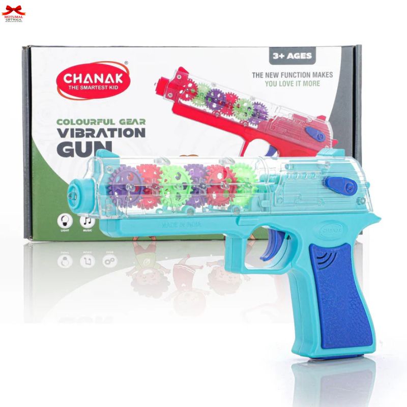 Toy gun with colorful gears and blue handle in front of its packaging