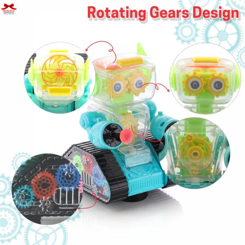 Toy robot with rotating gears design on a white background