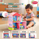 Toy dollhouse with four scene rooms and a child playing with it, featuring the brand 'Chanak'.