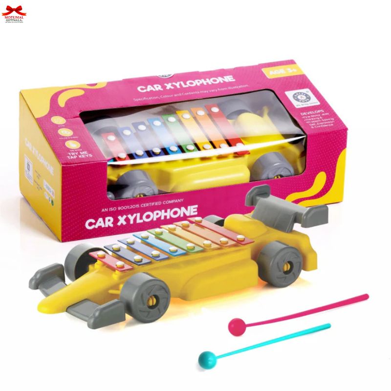 Toy car xylophone with packaging on a white background