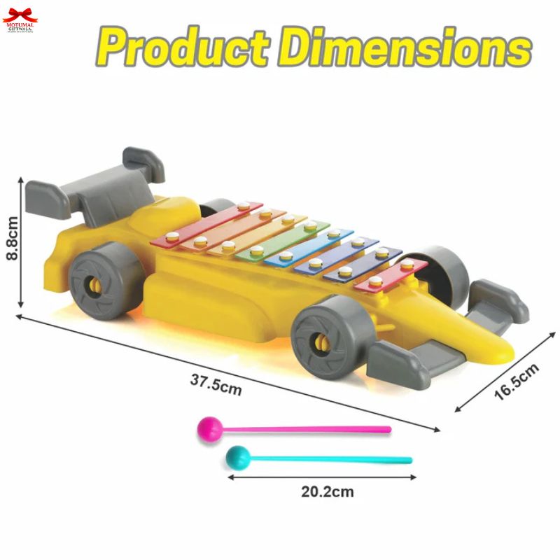 Toy car with xylophone on top and dimensions displayed