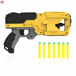 Yellow and black toy blaster with six yellow darts on a white background