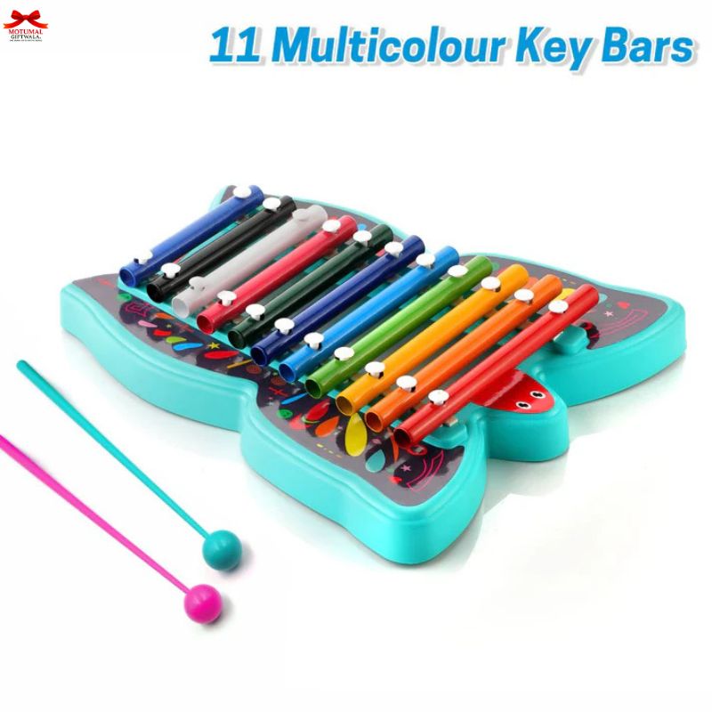 Colorful xylophone with keys and mallets on a white background