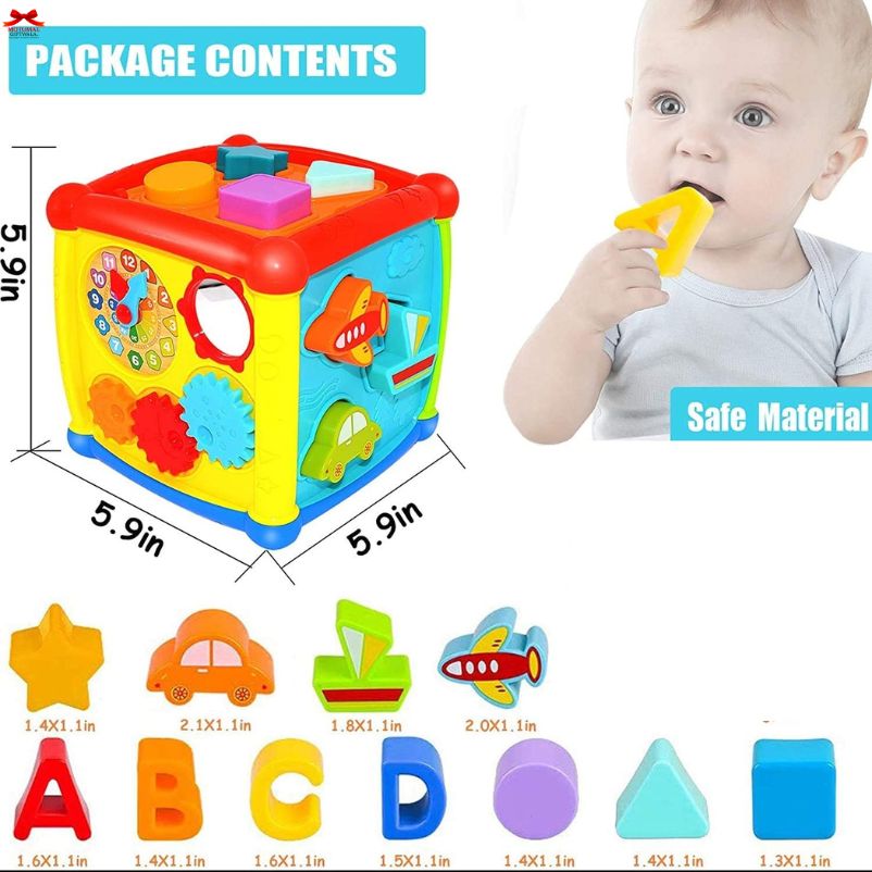 Colorful toy cube with various shapes and a baby holding a yellow shape, labeled 'Package Contents' and 'Safe Material'.