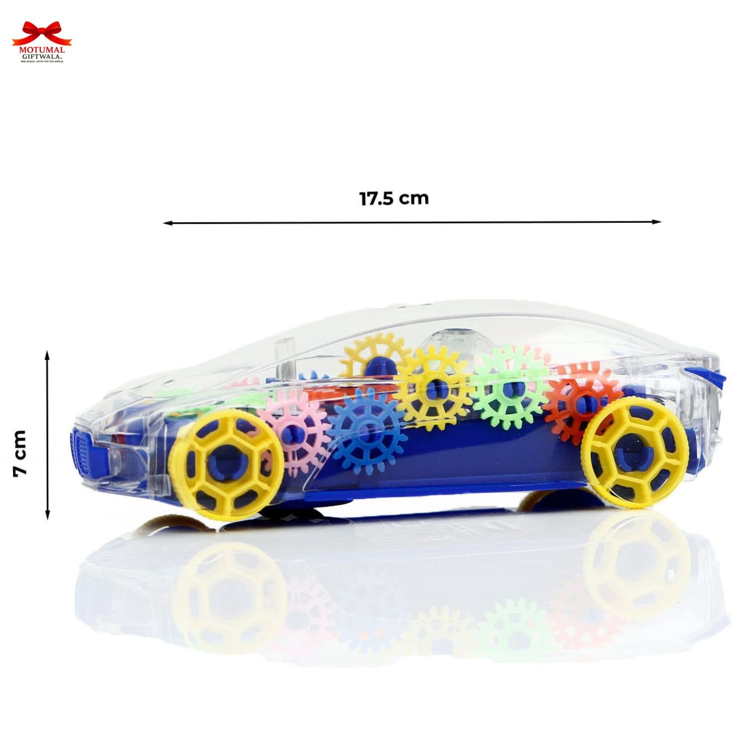 Toy car with colorful gears and dimensions on a white background
