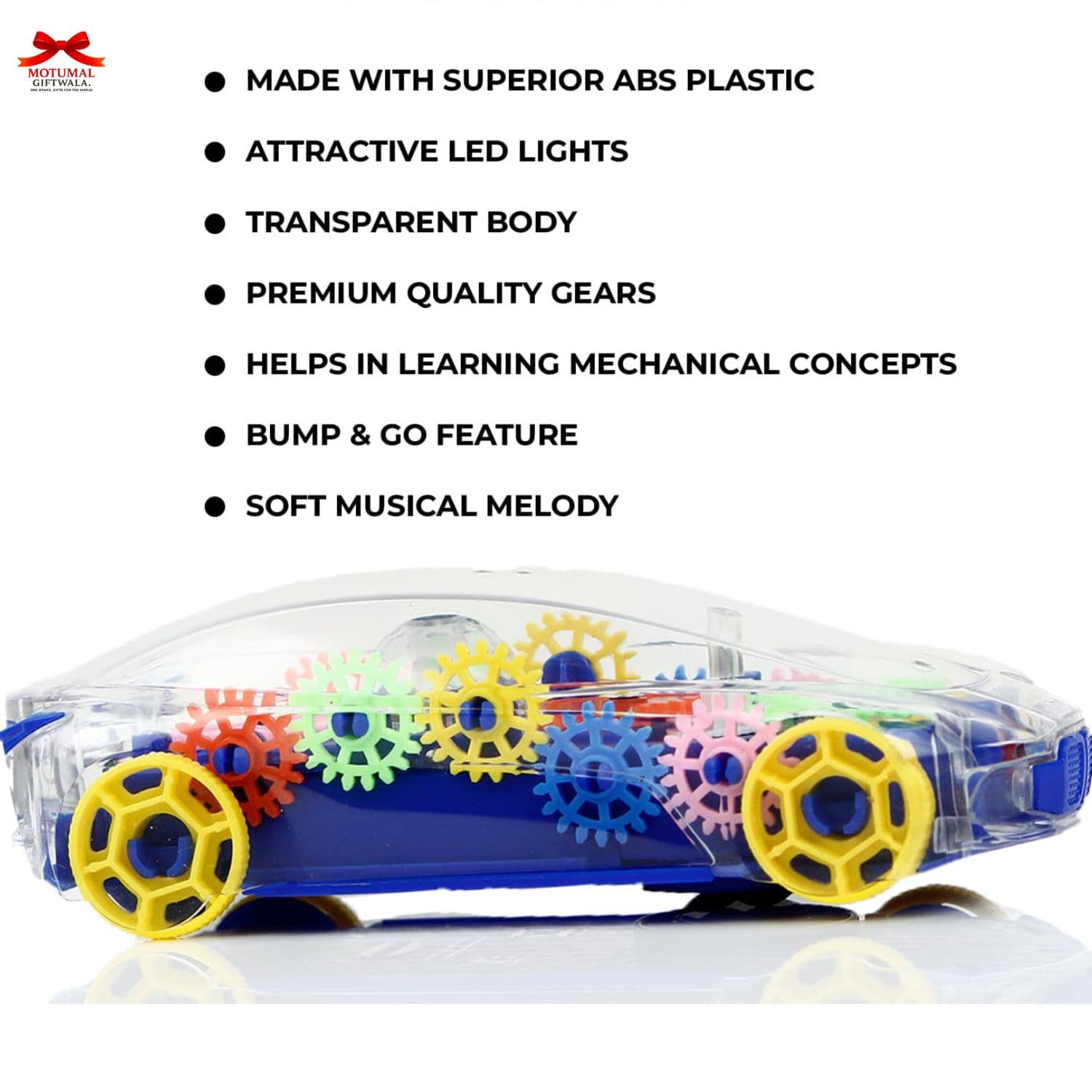 Toy car with colorful gears and LED lights on a white background, featuring MotuMan Toys branding.