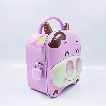 Close-up of purple cow piggy bank showing the coin slot and metal lock structures