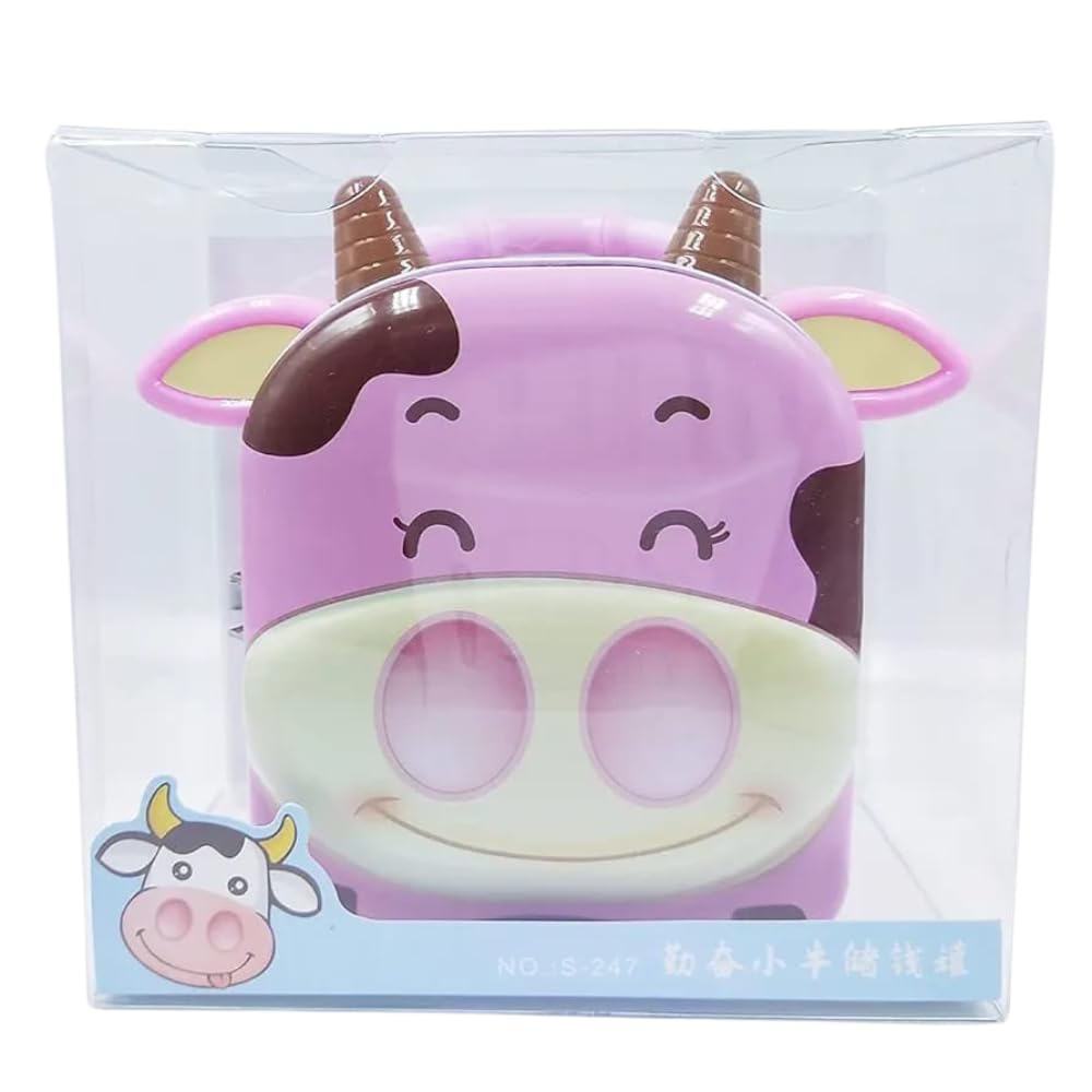 Purple cow piggy bank with open door showing inner storage space