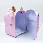 Purple cow piggy bank with open door showing inner storage space