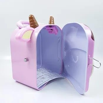 Purple cow piggy bank with open door showing inner storage space