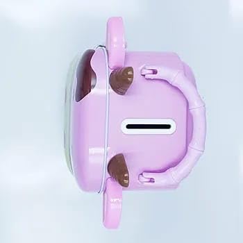 Top view of purple cow piggy bank with coin slot and handle