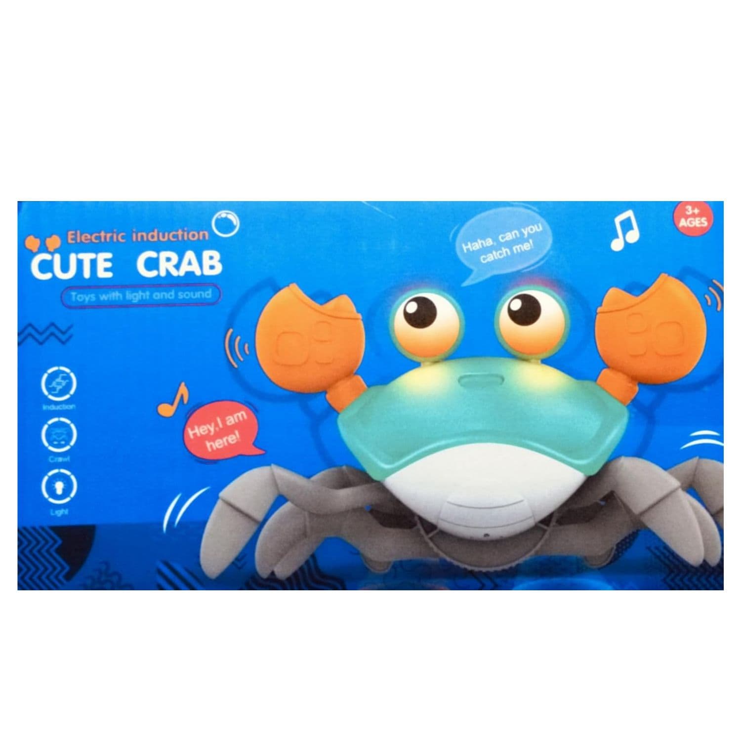 Box of a toy crab with light and sound features on a blue background