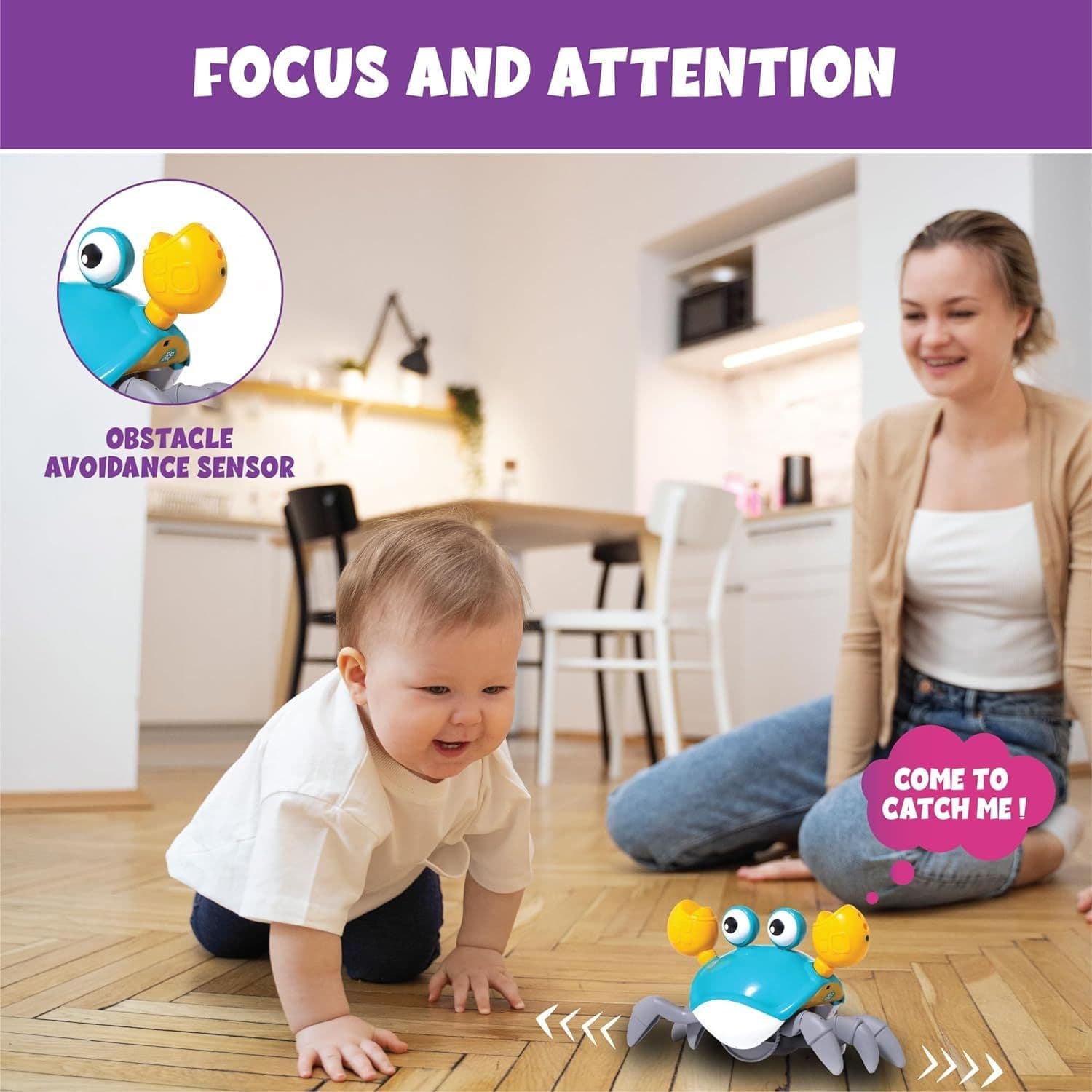 Baby playing with a toy on a wooden floor, with a woman sitting nearby.