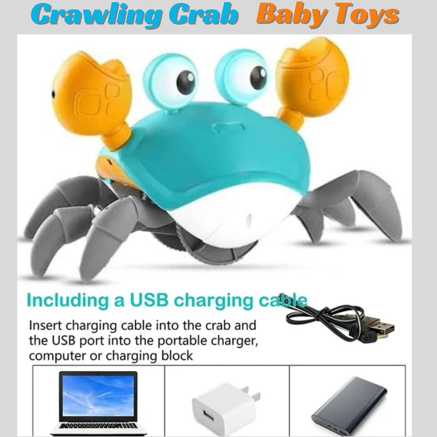 Toy crab with USB charging cable on a white background