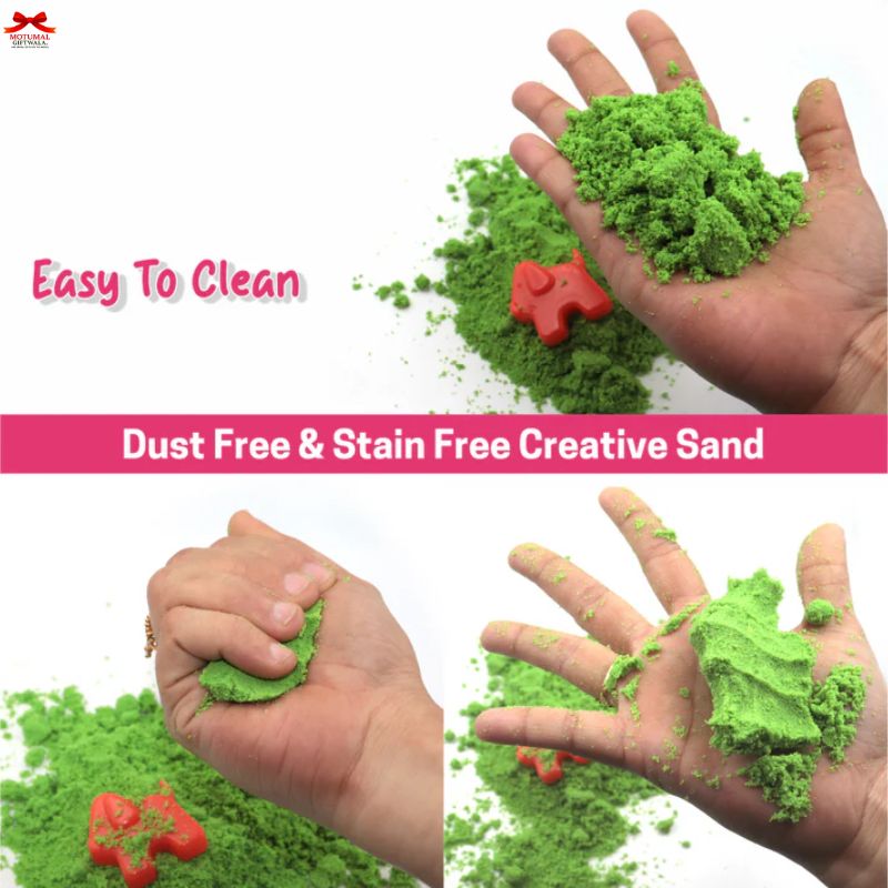 Green sand being played with on hands with text highlighting ease of cleaning and dust-free properties.