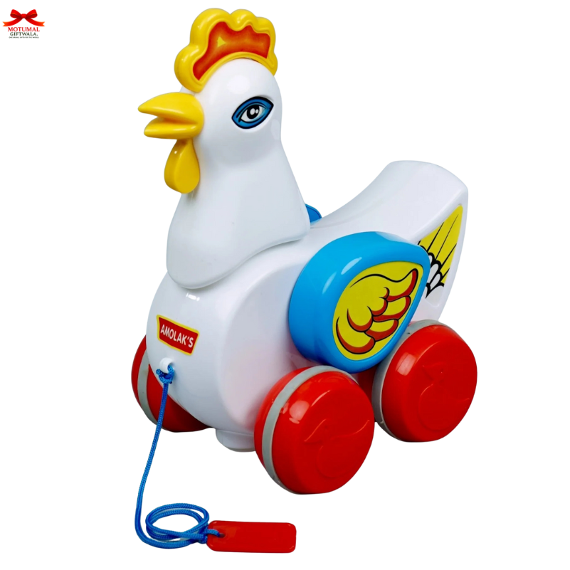 Colorful toy rooster on wheels with a pull string against a white background