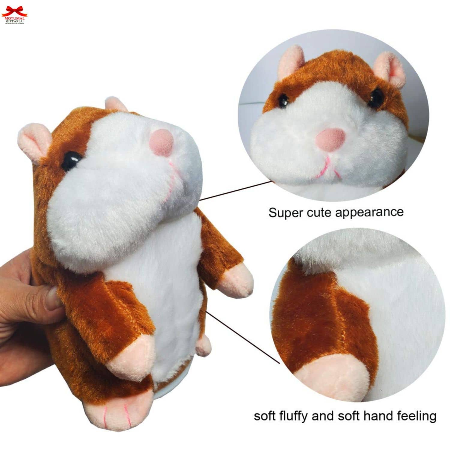 Plush toy hamster held by a hand with close-up details on a white background