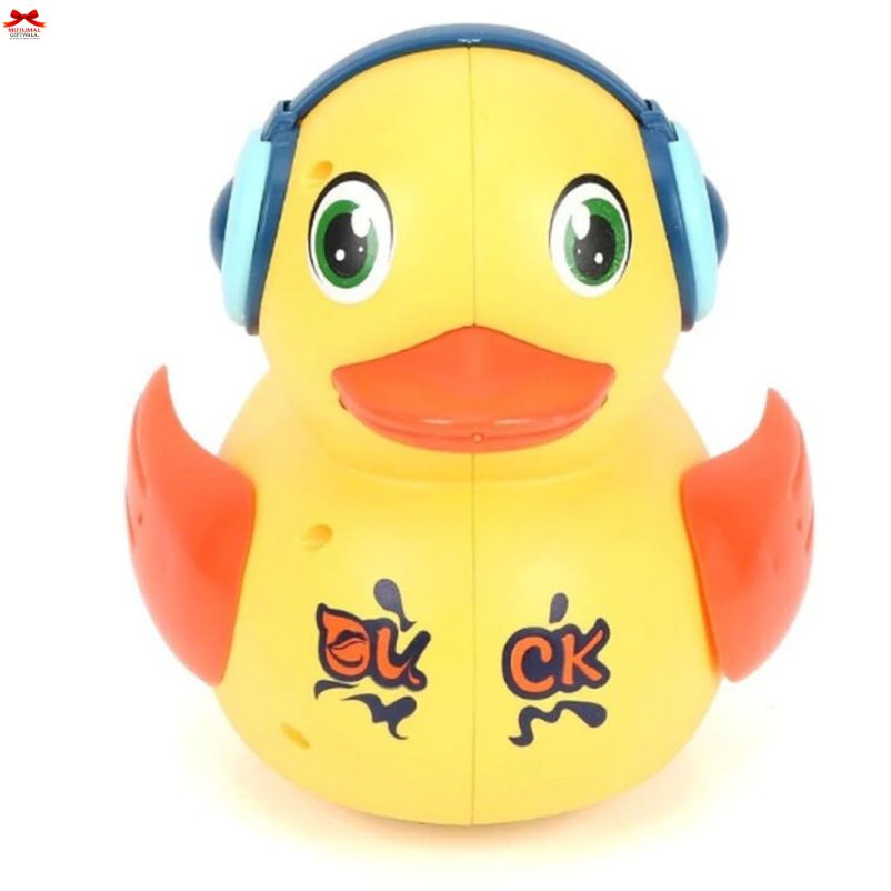 Yellow duck toy with headphones on a white background