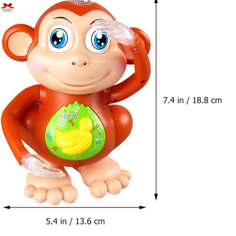 Toy monkey with a duck graphic on its belly, showing dimensions on a white background