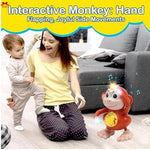 Woman and child with an interactive monkey toy on a couch