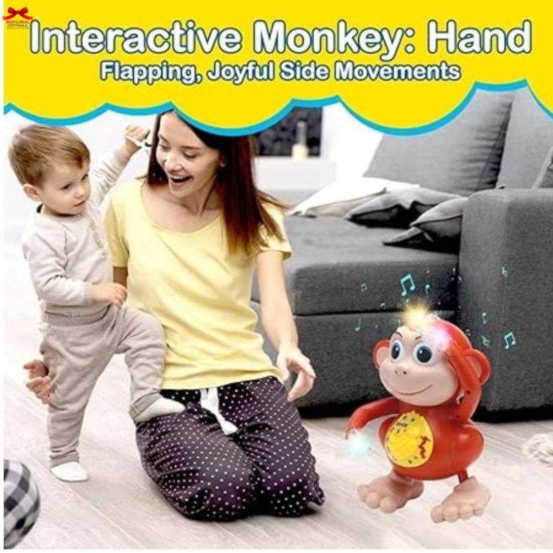 Woman and child with an interactive monkey toy on a couch