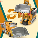Toy vehicle transforming into a robot with 'Deformation' text on a colorful background