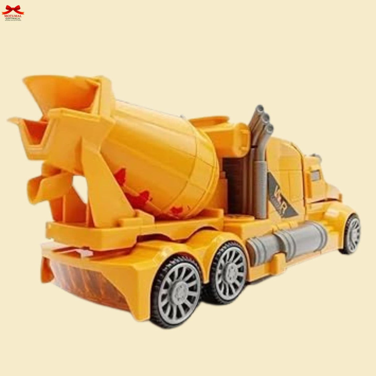 Toy cement mixer truck on a beige background