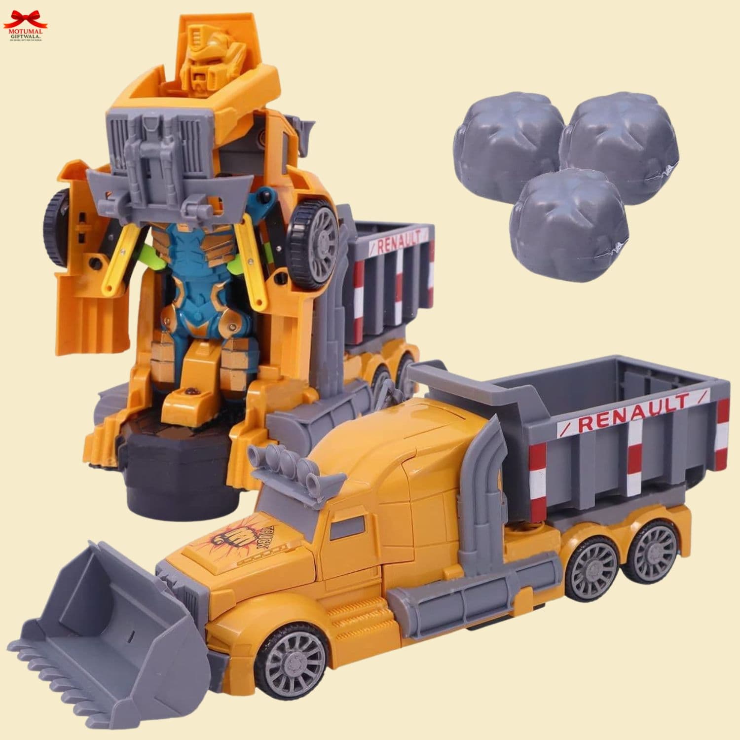Transforming toy truck with excavator attachment on a beige background