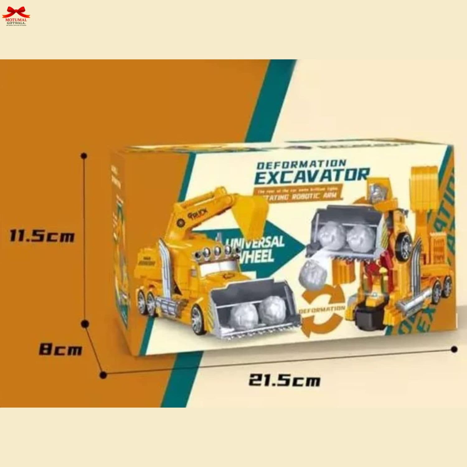 Box of a deformation excavator toy with dimensions on an orange background