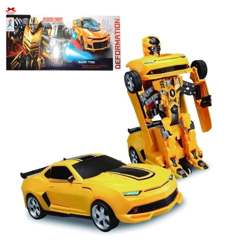 Transforming toy car with robot figure on a white background