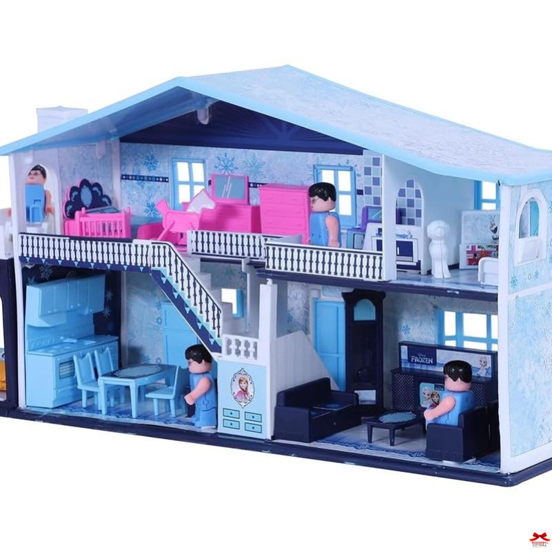 Toy dollhouse with multiple rooms and furniture, featuring a Frozen theme.
