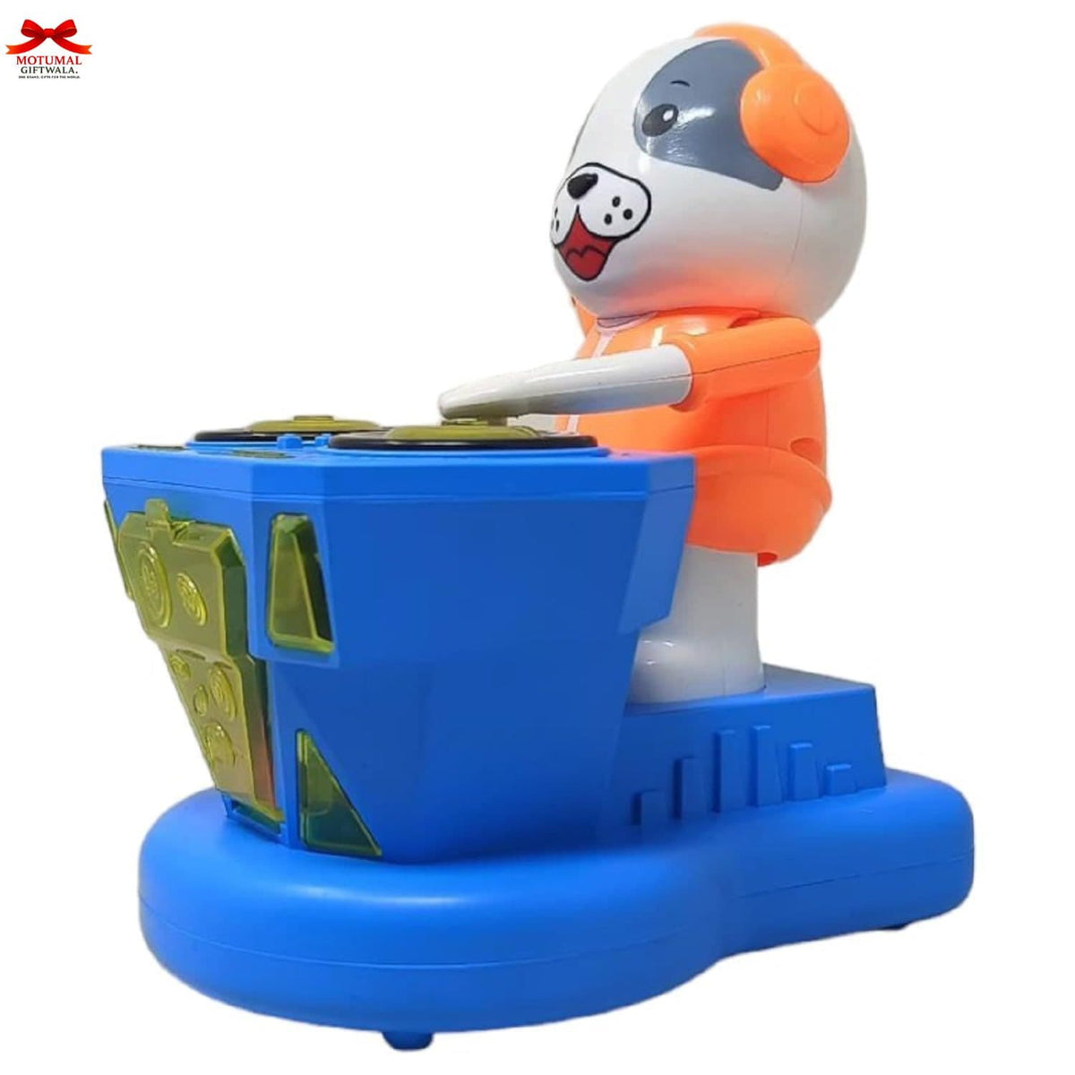 Toy robot with a blue base and orange and white body on a white background