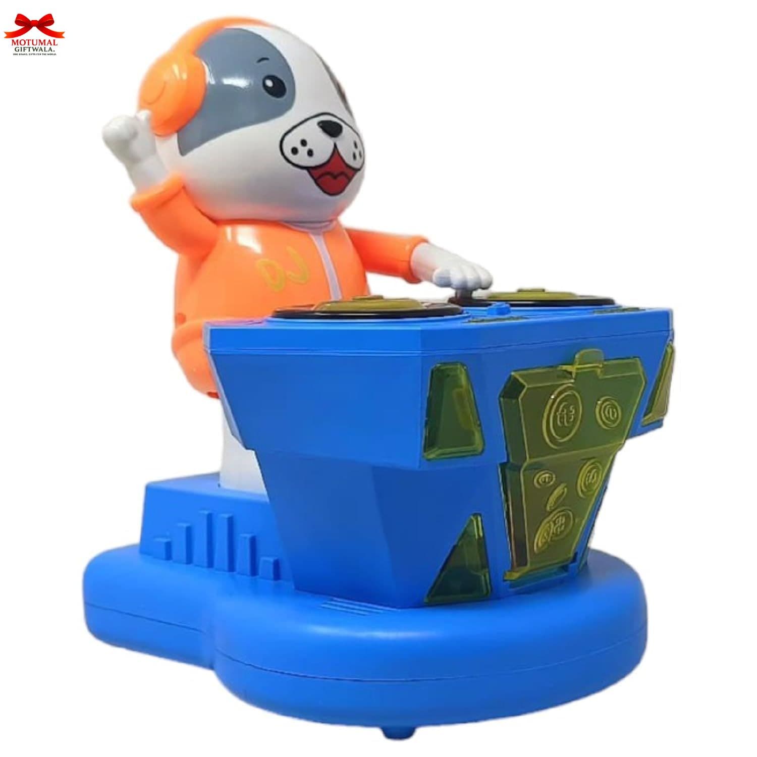 Toy figure of a dog playing a blue electronic keyboard on a white background