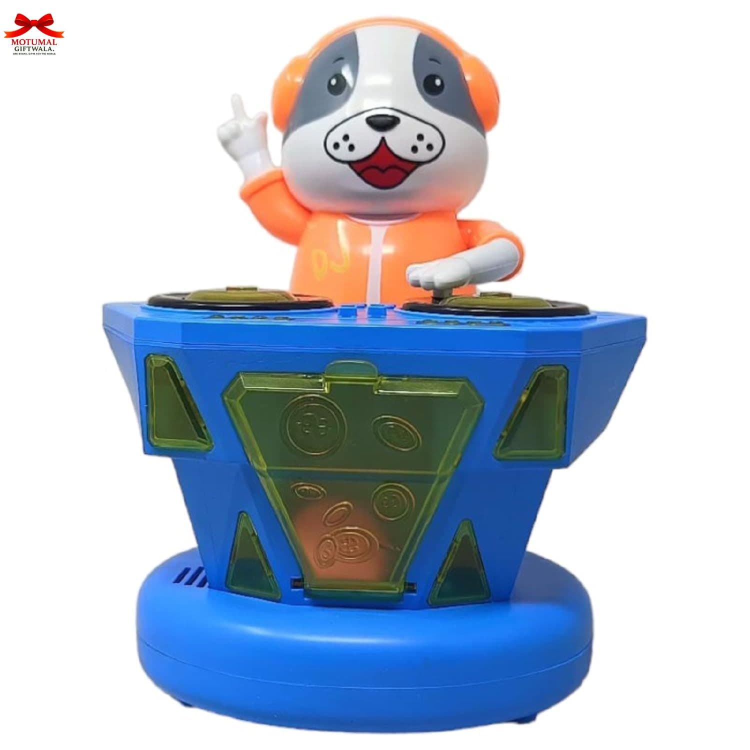 Toy dog figure on a blue platform with a white background