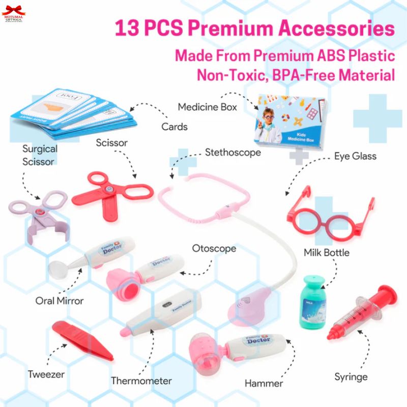 Set of 13 premium medical accessories including scissors, stethoscope, and syringe on a white background with colorful illustrations.