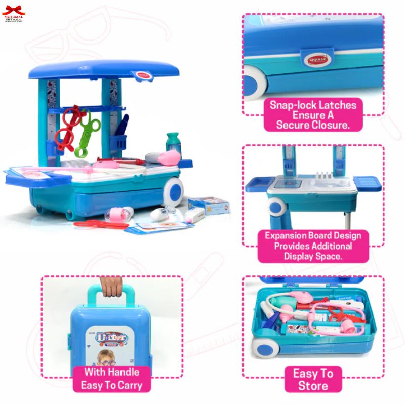 Children's toy medical set with various components and features highlighted.