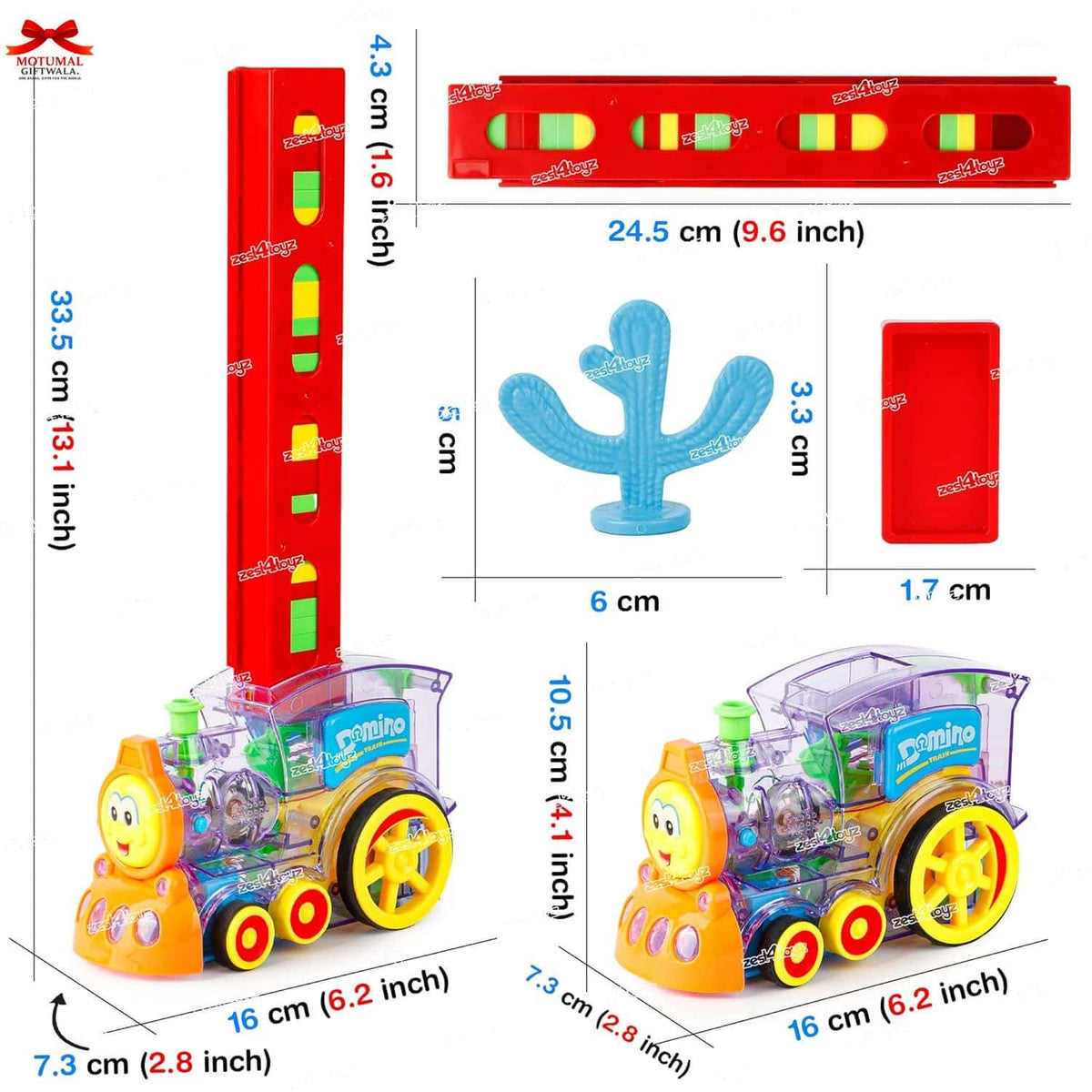 Toy train set with measurements on a white background