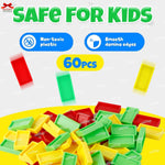 Colorful plastic dominoes with 'Safe for Kids' text and product features on a white background