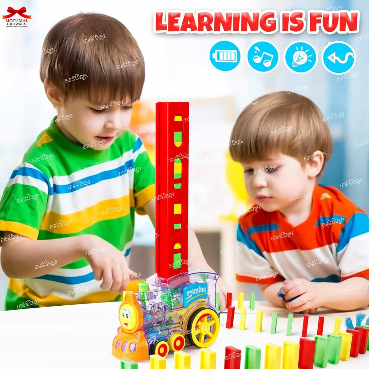 Two children playing with a colorful toy train set, with 'Learning is Fun' text and icons above.
