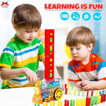 Two children playing with a colorful toy train set, with 'Learning is Fun' text and icons above.