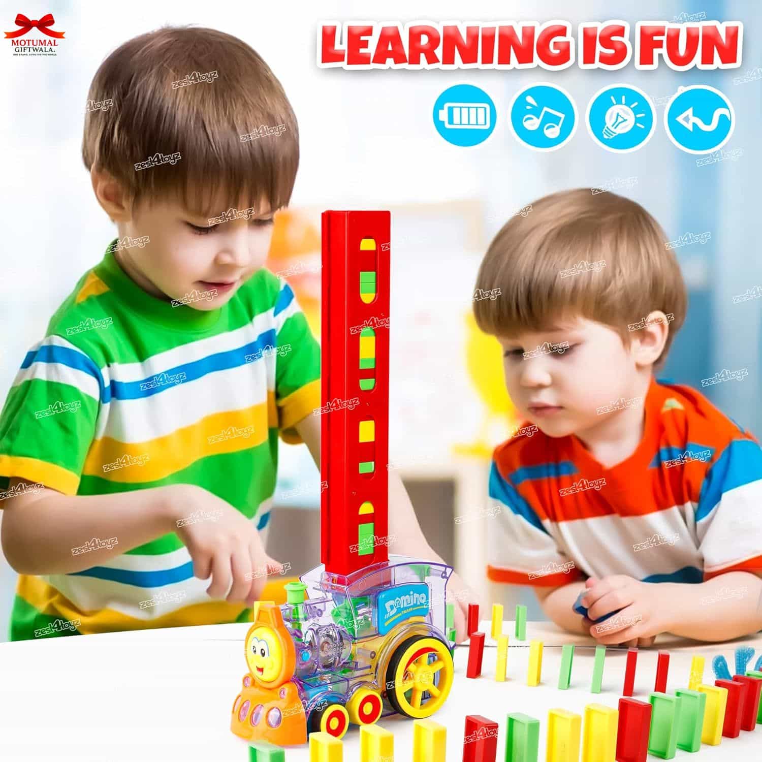 Two children playing with a colorful toy train set, with 'Learning is Fun' text and icons above.