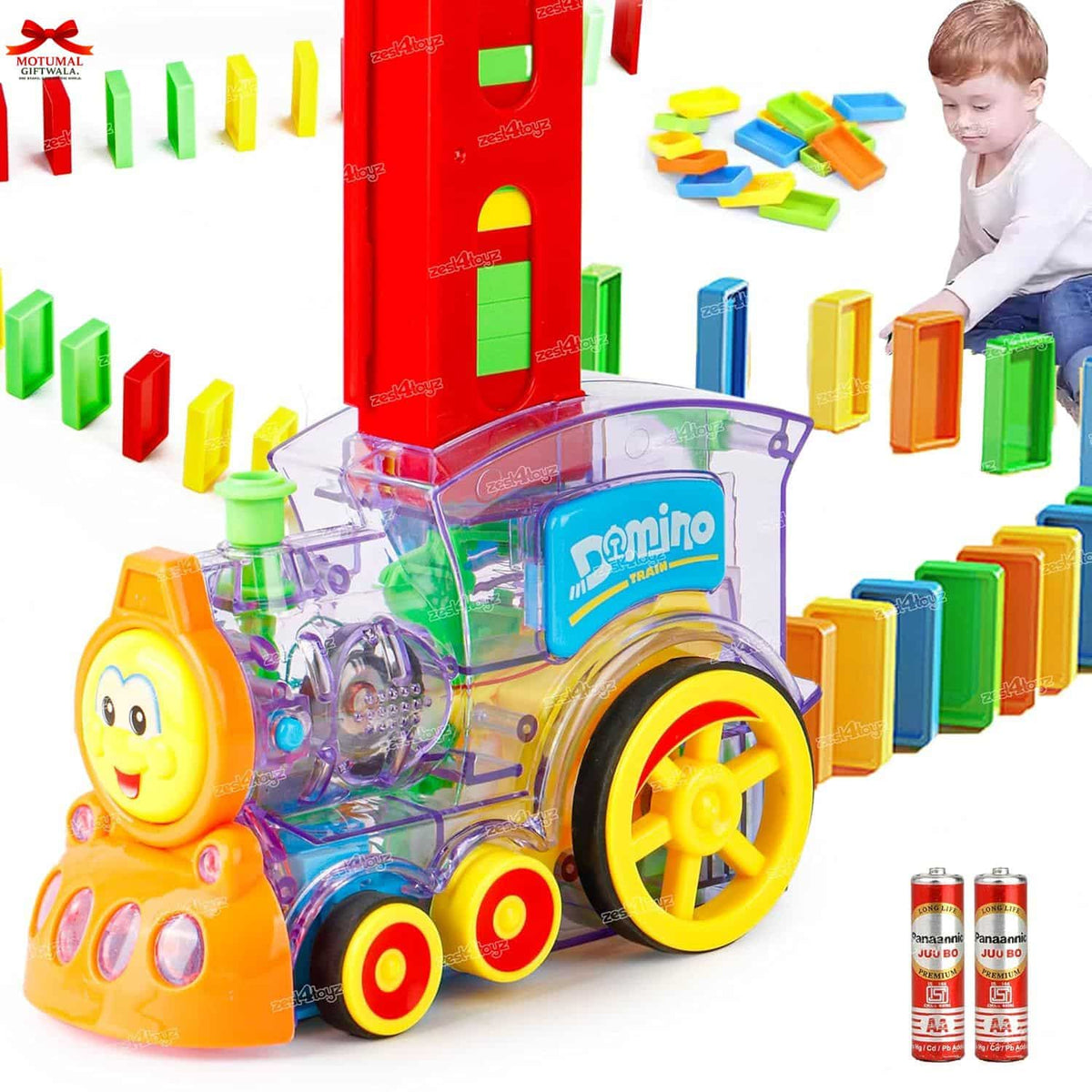 Colorful toy train set with dominoes and a child playing in the background